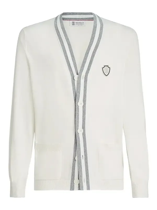 Brunello Cucinelli Men's Cotton Cardigan with Logo - White