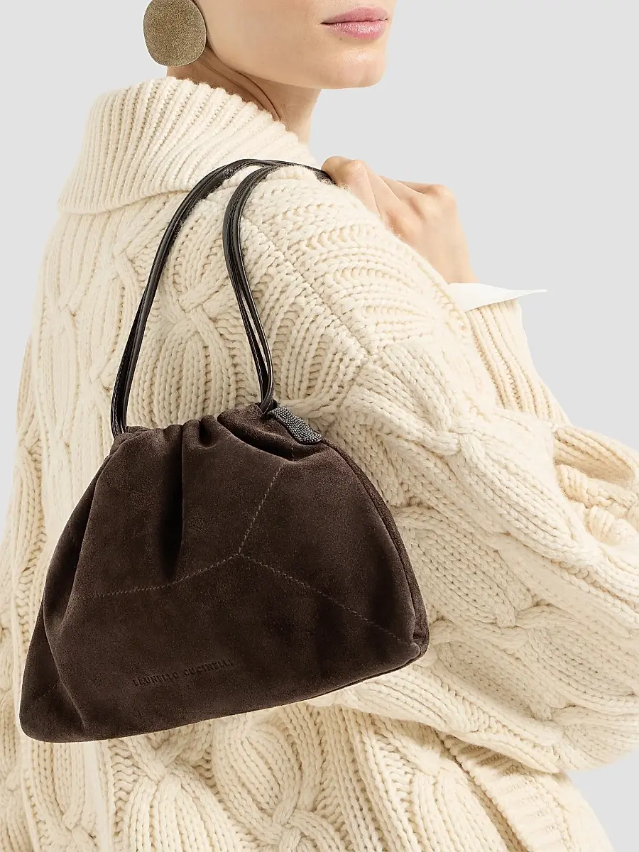Brunello Cucinelli Women's Pouch Bag in Suede with Monili - Espresso | Thumbnail 2 Brunello Cucinelli Women's Pouch Bag in Suede with Monili - Espresso | Thumbnail 2