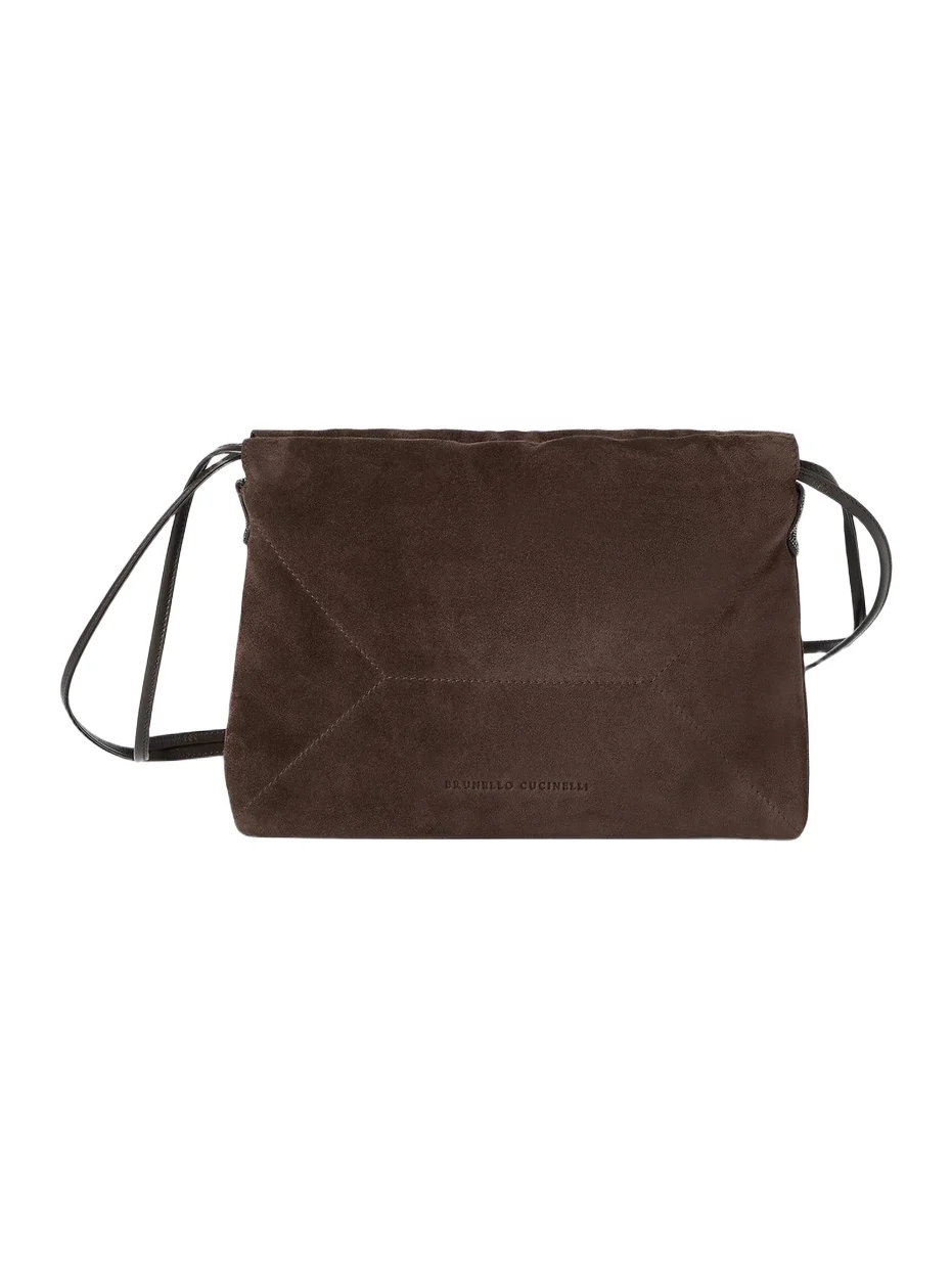 Women's Pouch Bag in Suede with Monili - Espresso