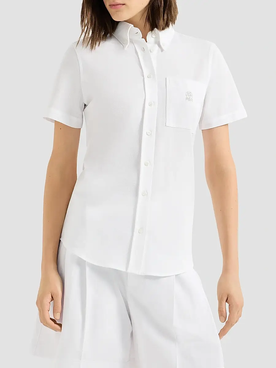 Brunello Cucinelli Women's Stretch Cotton Piqué Short Sleeve Shirt | Thumbnail 3