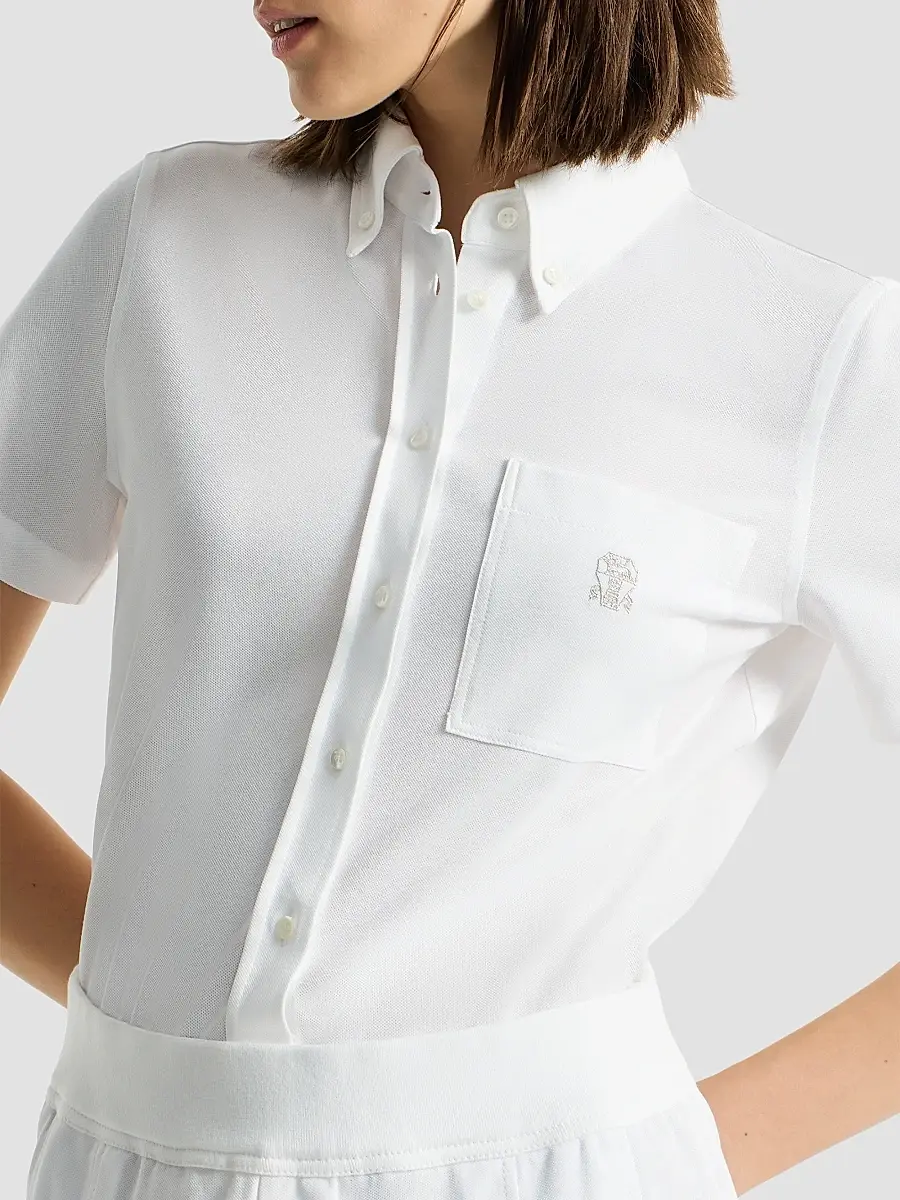 Brunello Cucinelli Women's Stretch Cotton Piqué Short Sleeve Shirt | Thumbnail 5
