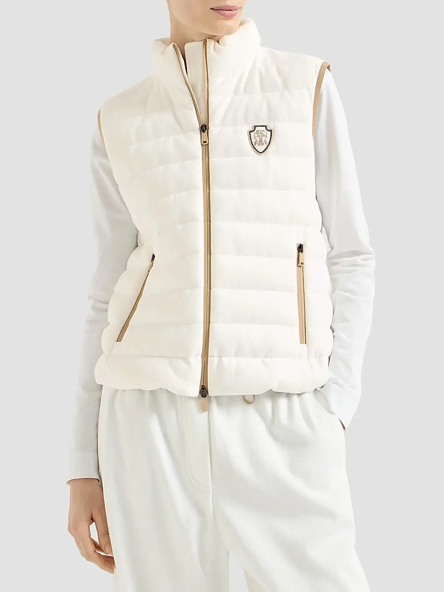 Brunello Cucinelli Women's Techno Cotton Piqué Down Vest with Logo - White | Thumbnail 3 Brunello Cucinelli Women's Techno Cotton Piqué Down Vest with Logo - White | Thumbnail 3