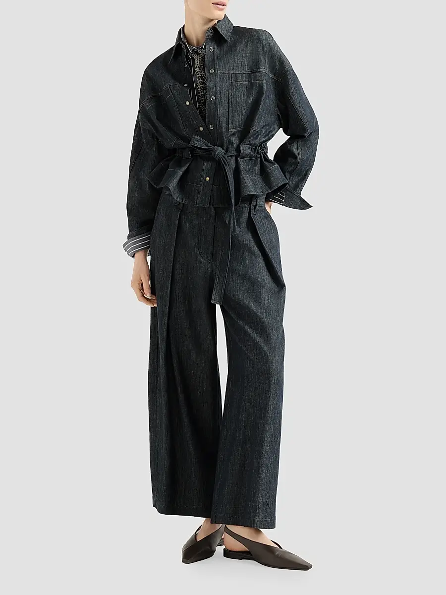 Brunello Cucinelli Women's Denim-Effect Twill Pleated A-line Trousers | Thumbnail 2 Brunello Cucinelli Women's Denim-Effect Twill Pleated A-line Trousers | Thumbnail 2