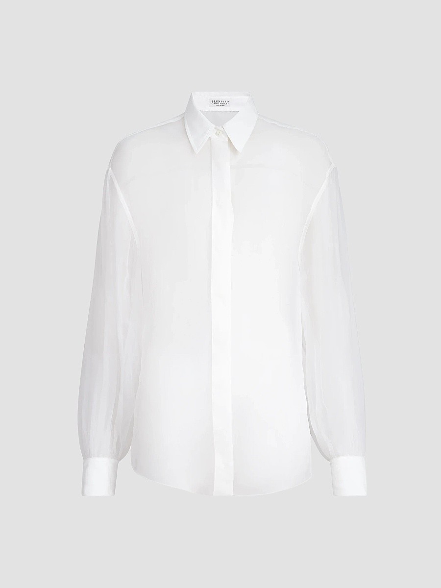 Women's Crispy Silk Shirt with Monili - White