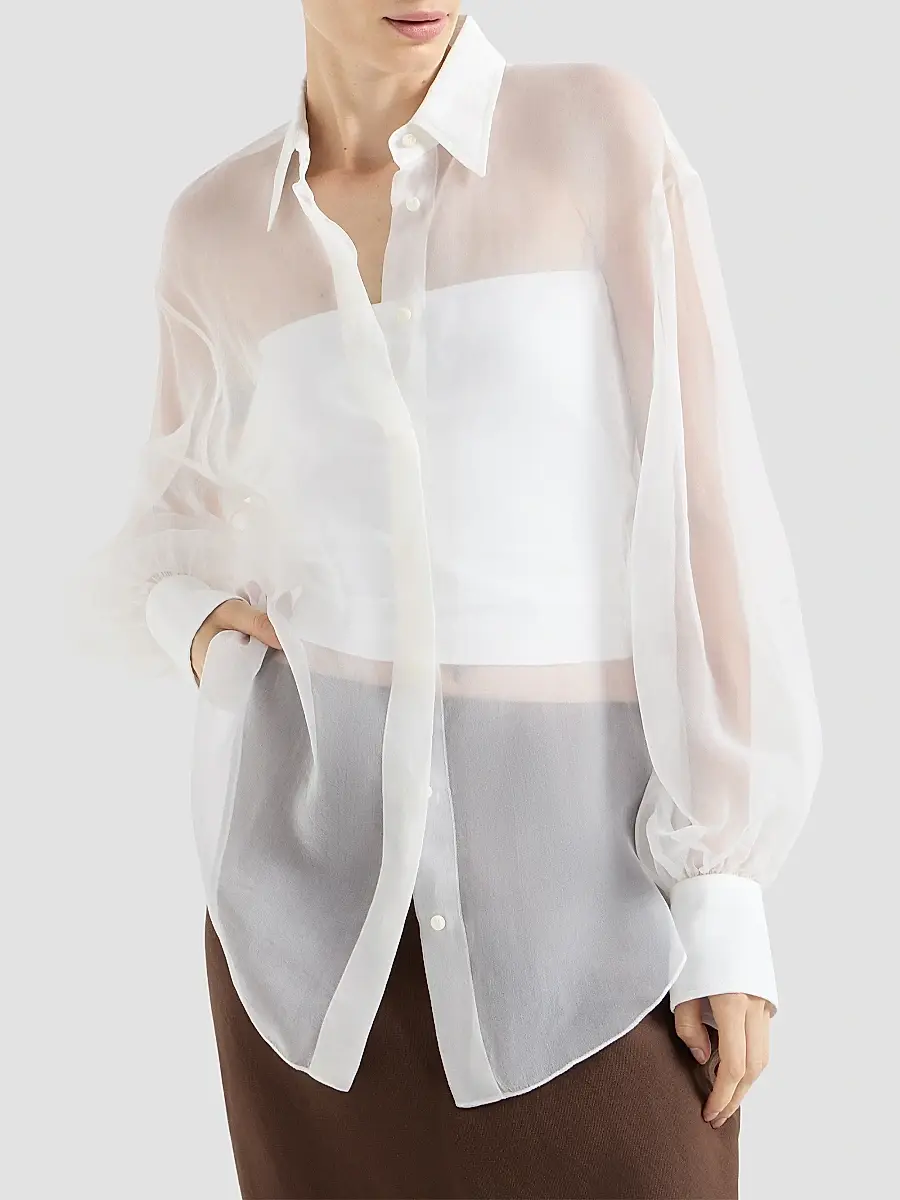 Brunello Cucinelli Women's Crispy Silk Shirt with Monili - White | Thumbnail 3