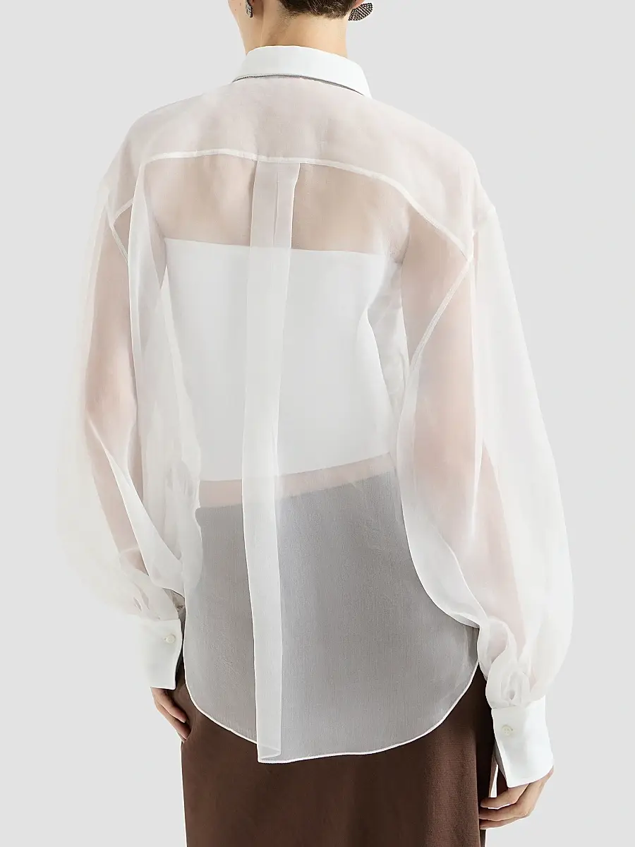 Brunello Cucinelli Women's Crispy Silk Shirt with Monili - White | Thumbnail 4