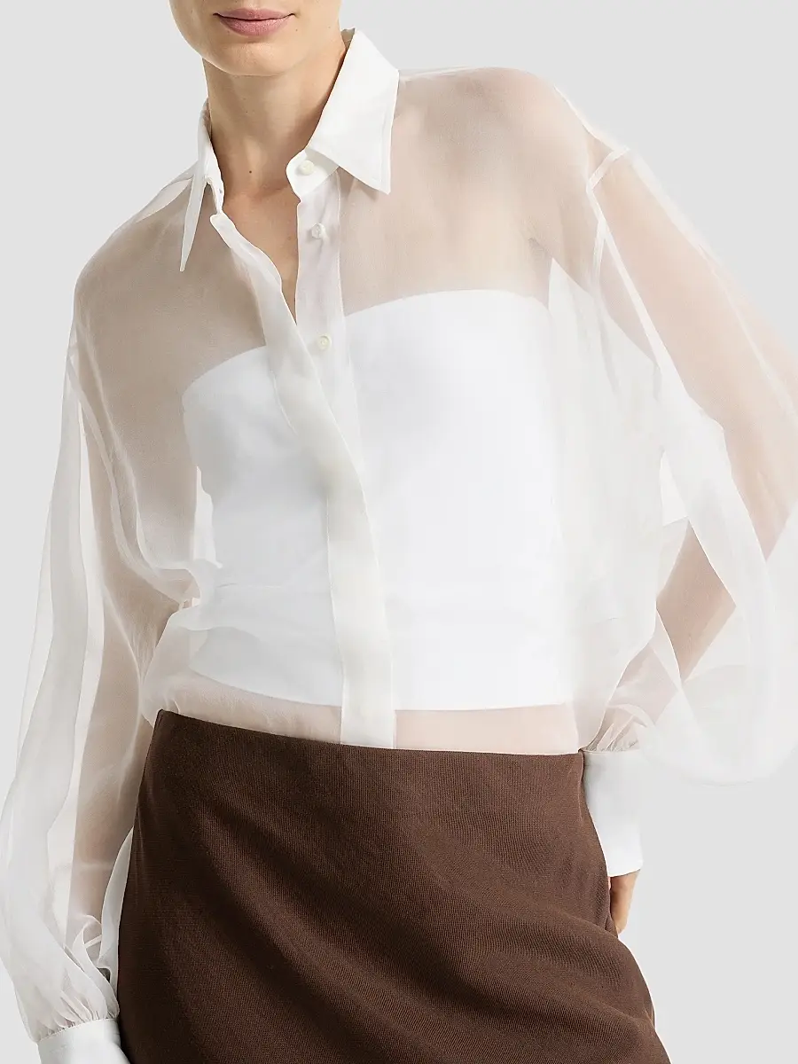 Brunello Cucinelli Women's Crispy Silk Shirt with Monili - White | Thumbnail 5