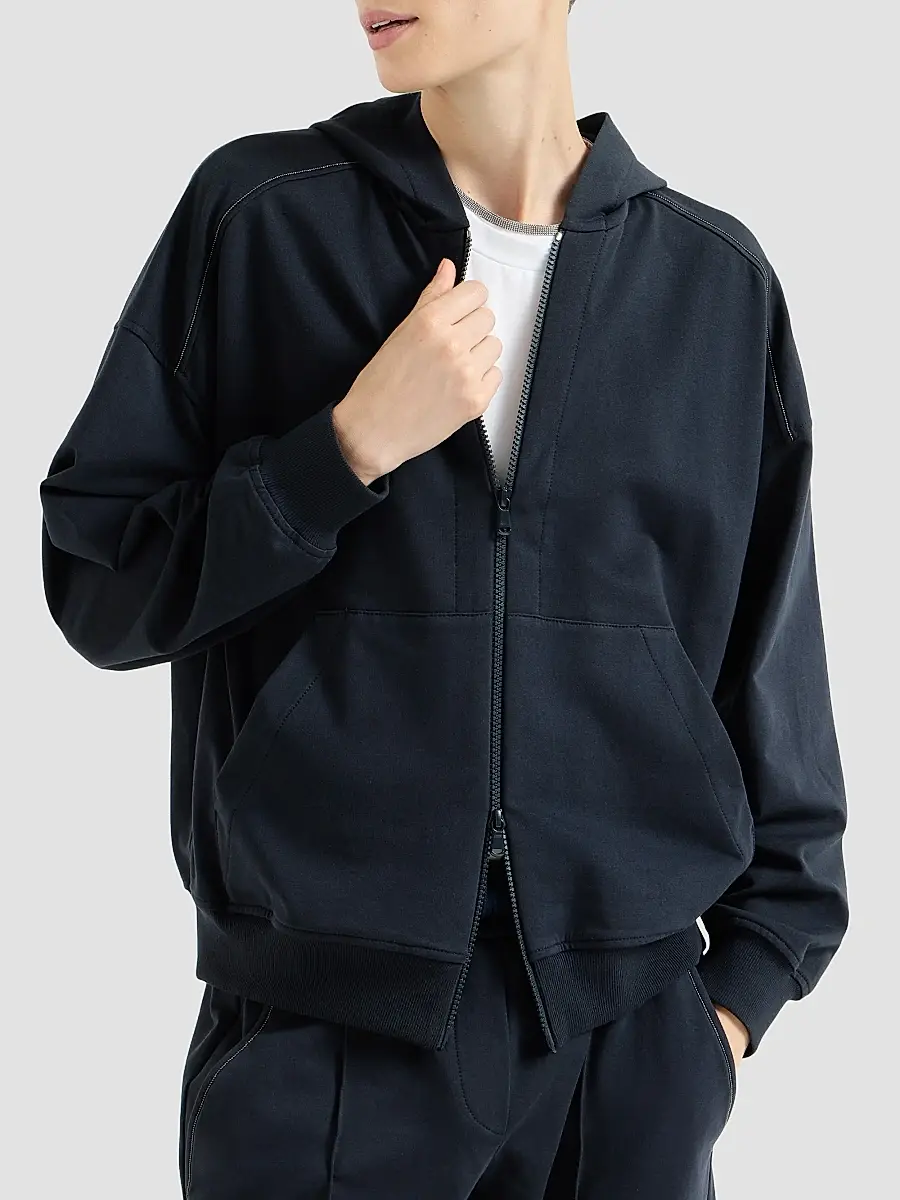 Brunello Cucinelli Women's Stretch Cotton Lightweight French Terry Hooded Sweatshirt | Thumbnail 3
