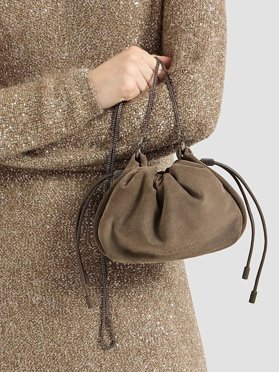 Brunello Cucinelli Women's Mellow Bucket Bag in Suede with Precious Chain - Light Brown | Thumbnail 2