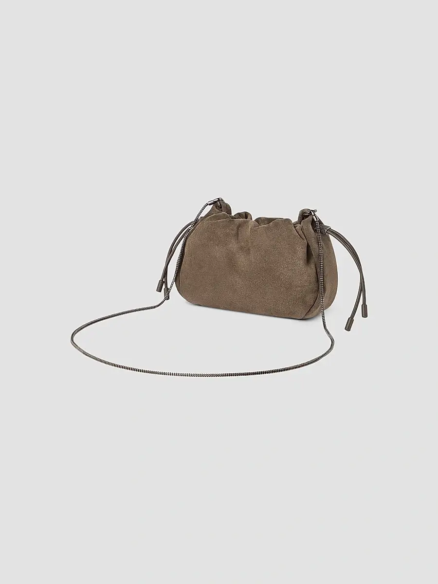 Brunello Cucinelli Women's Mellow Bucket Bag in Suede with Precious Chain - Light Brown | Thumbnail 3