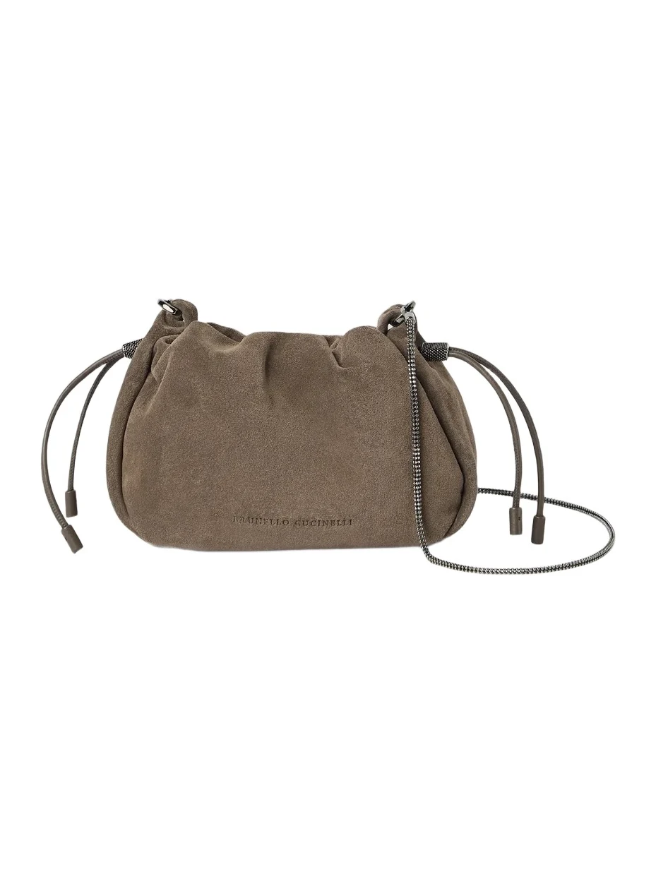 Women's Mellow Bucket Bag in Suede with Precious Chain - Light Brown