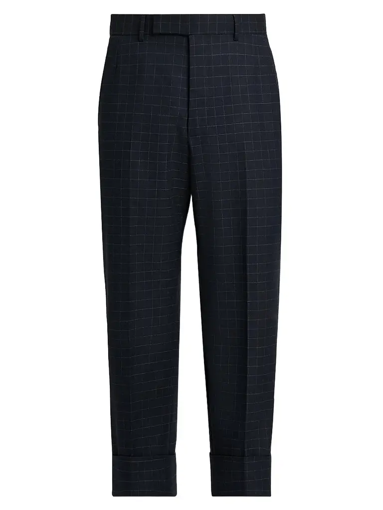 Thom Browne Men's Windowpane Check Cotton-Wool Suiting Trousers | Image 1 Thom Browne Men's Windowpane Check Cotton-Wool Suiting Trousers | Image 1