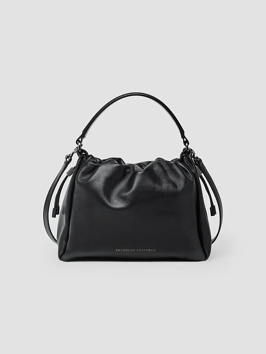 Brunello Cucinelli Women's Mellow Small Bucket Bag in Soft Leather with Monili - Black | Thumbnail 3
