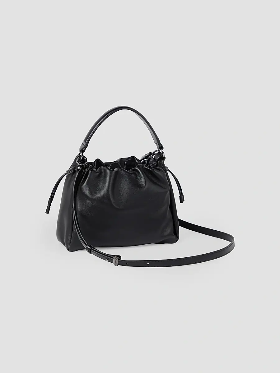 Brunello Cucinelli Women's Mellow Small Bucket Bag in Soft Leather with Monili - Black | Thumbnail 4