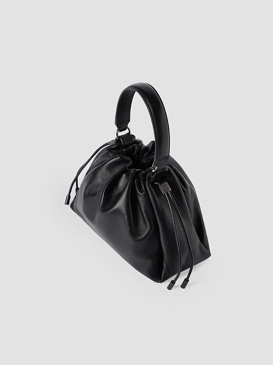 Brunello Cucinelli Women's Mellow Small Bucket Bag in Soft Leather with Monili - Black | Thumbnail 5