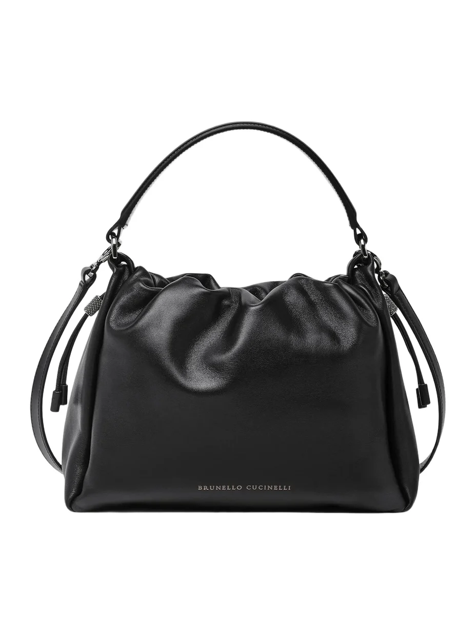 Women's Mellow Small Bucket Bag in Soft Leather with Monili - Black
