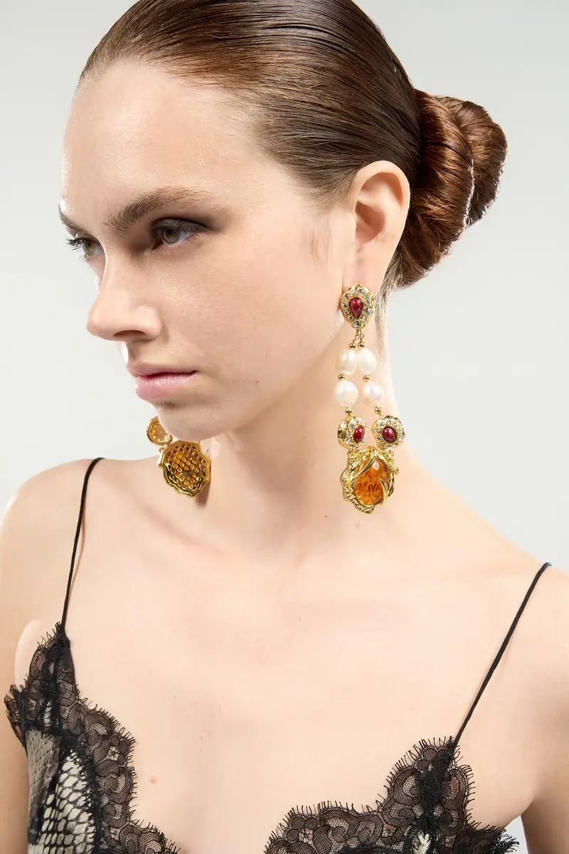Roberto Cavalli Golden Earrings With Pearls And Topaz-Effect Stones | Thumbnail 2 Roberto Cavalli Golden Earrings With Pearls And Topaz-Effect Stones | Thumbnail 2