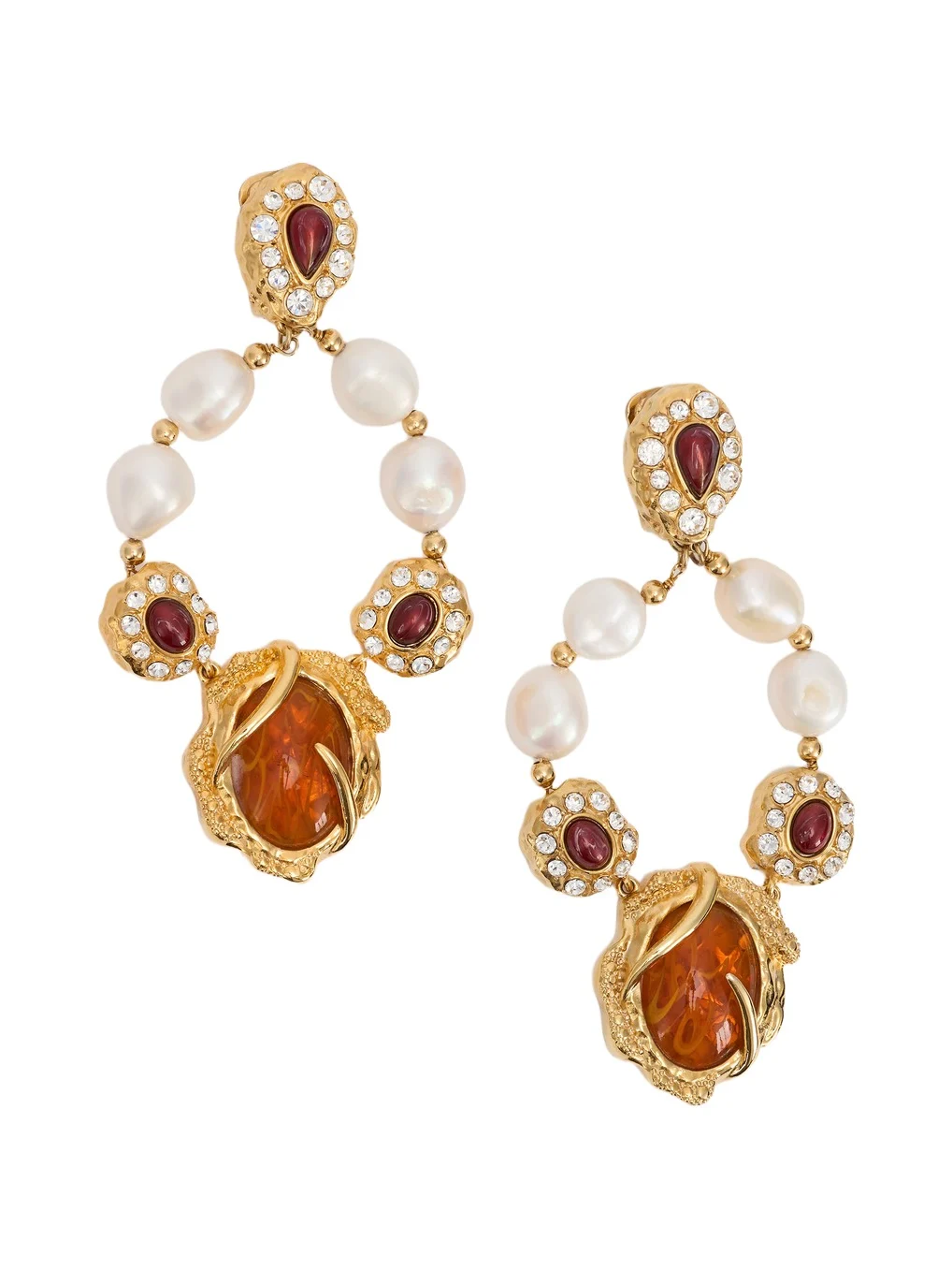 Golden Earrings With Pearls And Topaz-Effect Stones Golden Earrings With Pearls And Topaz-Effect Stones