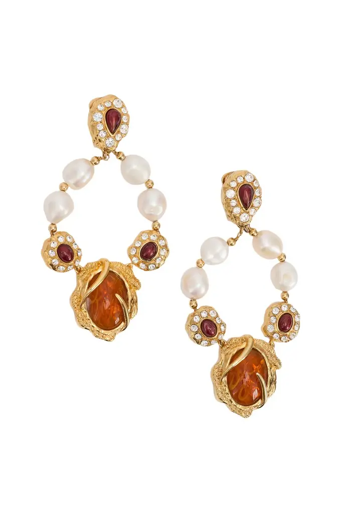 Golden Earrings With Pearls And Topaz-Effect Stones