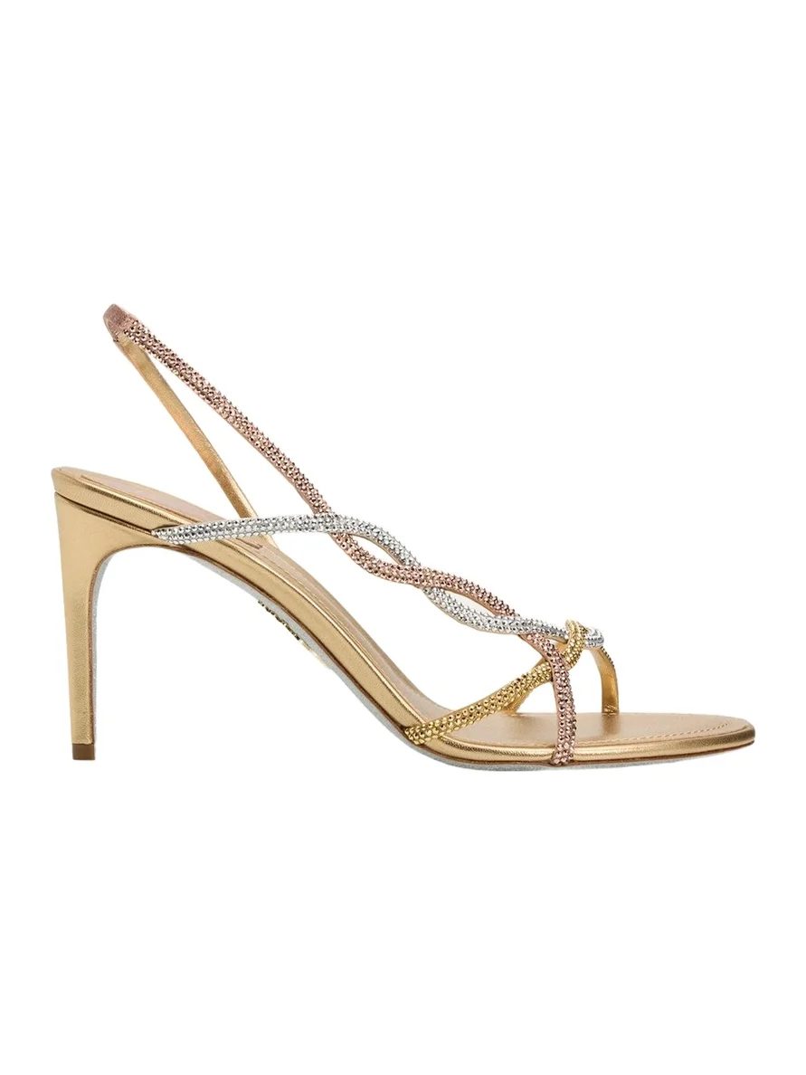 René Caovilla Three-Tone Crystal Satin Braid Halter Sandals