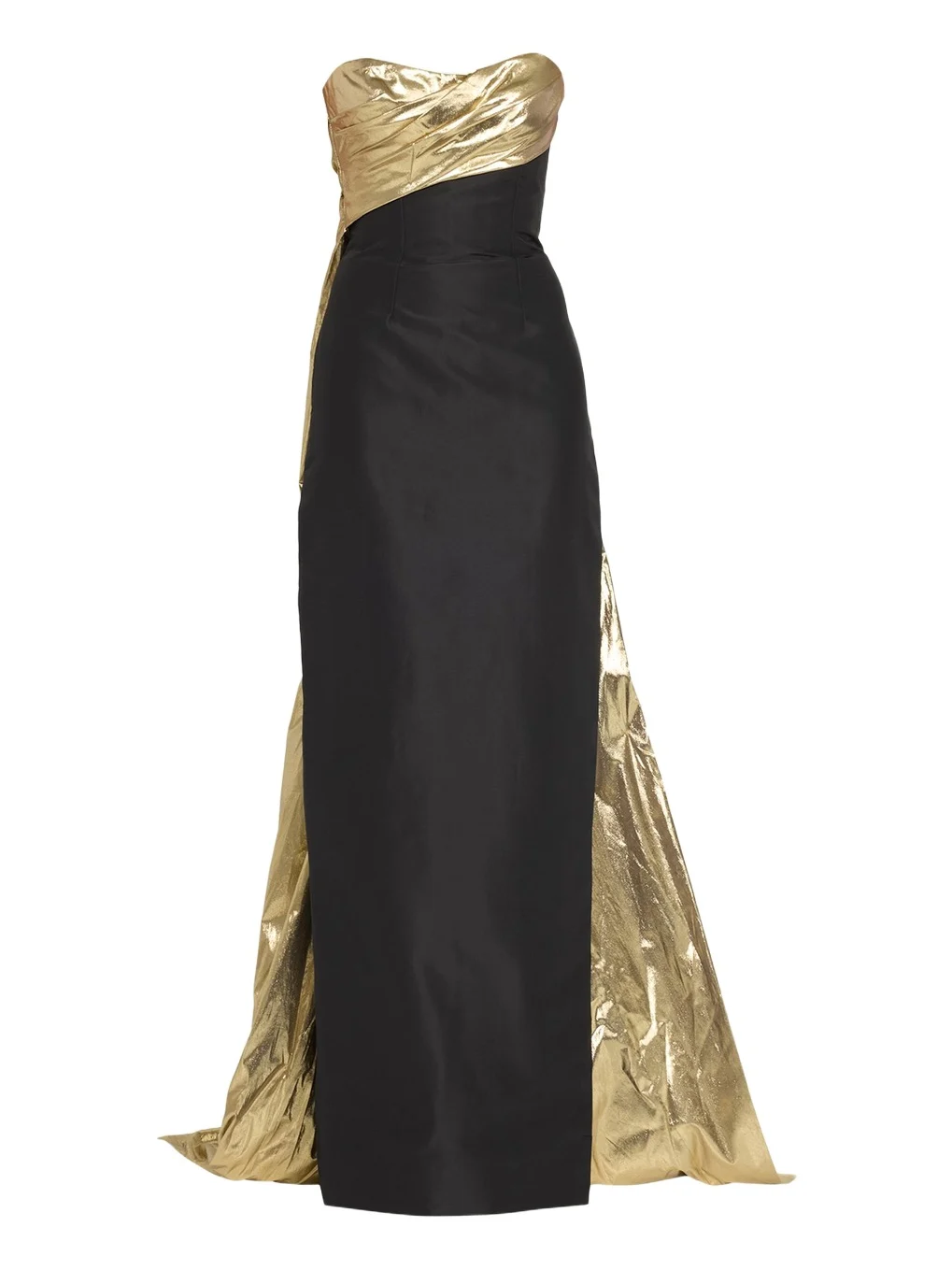 MONIQUE LHUILLIER Strapless Draped Metallic Lame Train Gown