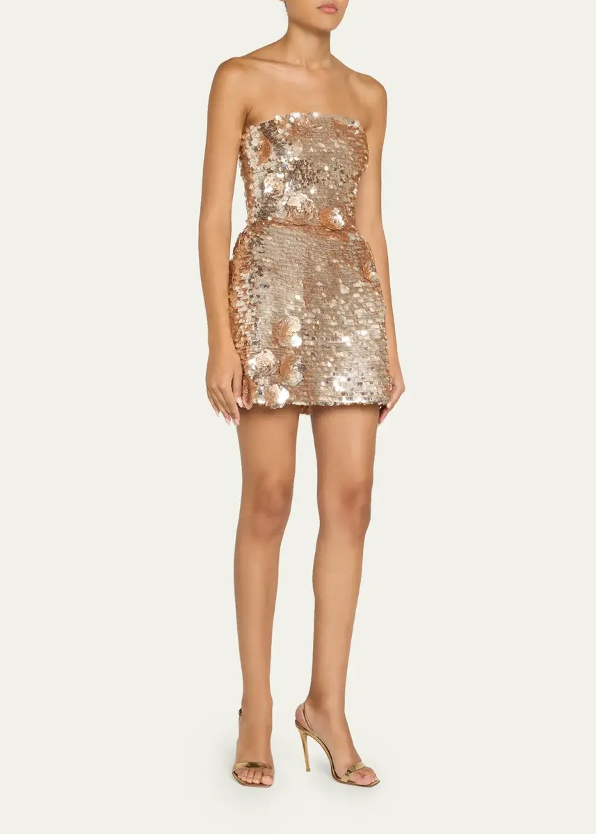 MONIQUE LHUILLIER Flower Applique Strapless Sequined Mini Dress | Thumbnail 4
