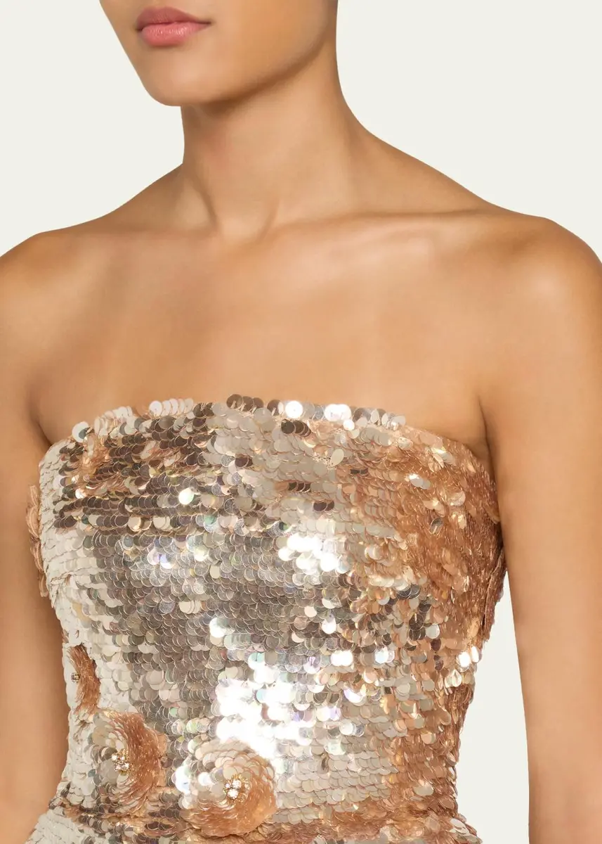 MONIQUE LHUILLIER Flower Applique Strapless Sequined Mini Dress | Thumbnail 5