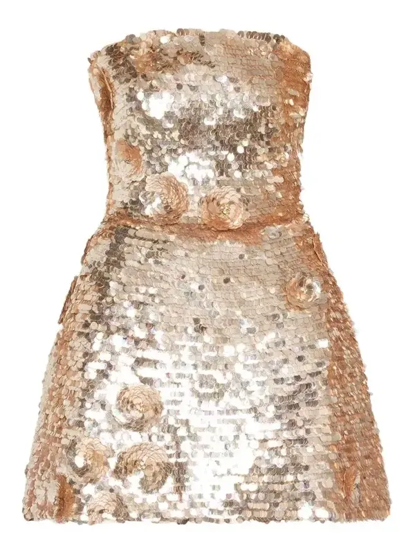 MONIQUE LHUILLIER Flower Applique Strapless Sequined Mini Dress