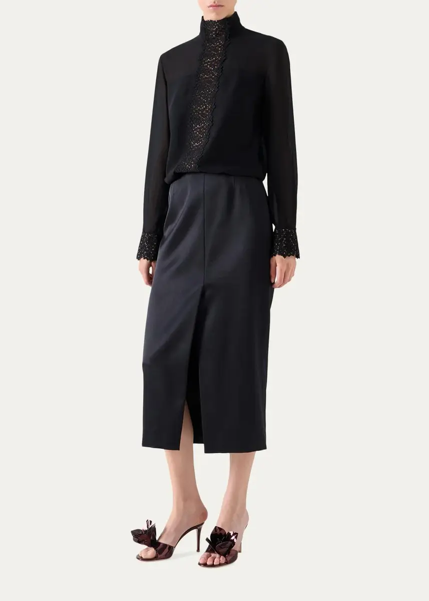 Akris Mock-Neck Lace Inset Long-Sleeve Blouse | Thumbnail 2 Akris Mock-Neck Lace Inset Long-Sleeve Blouse | Thumbnail 2
