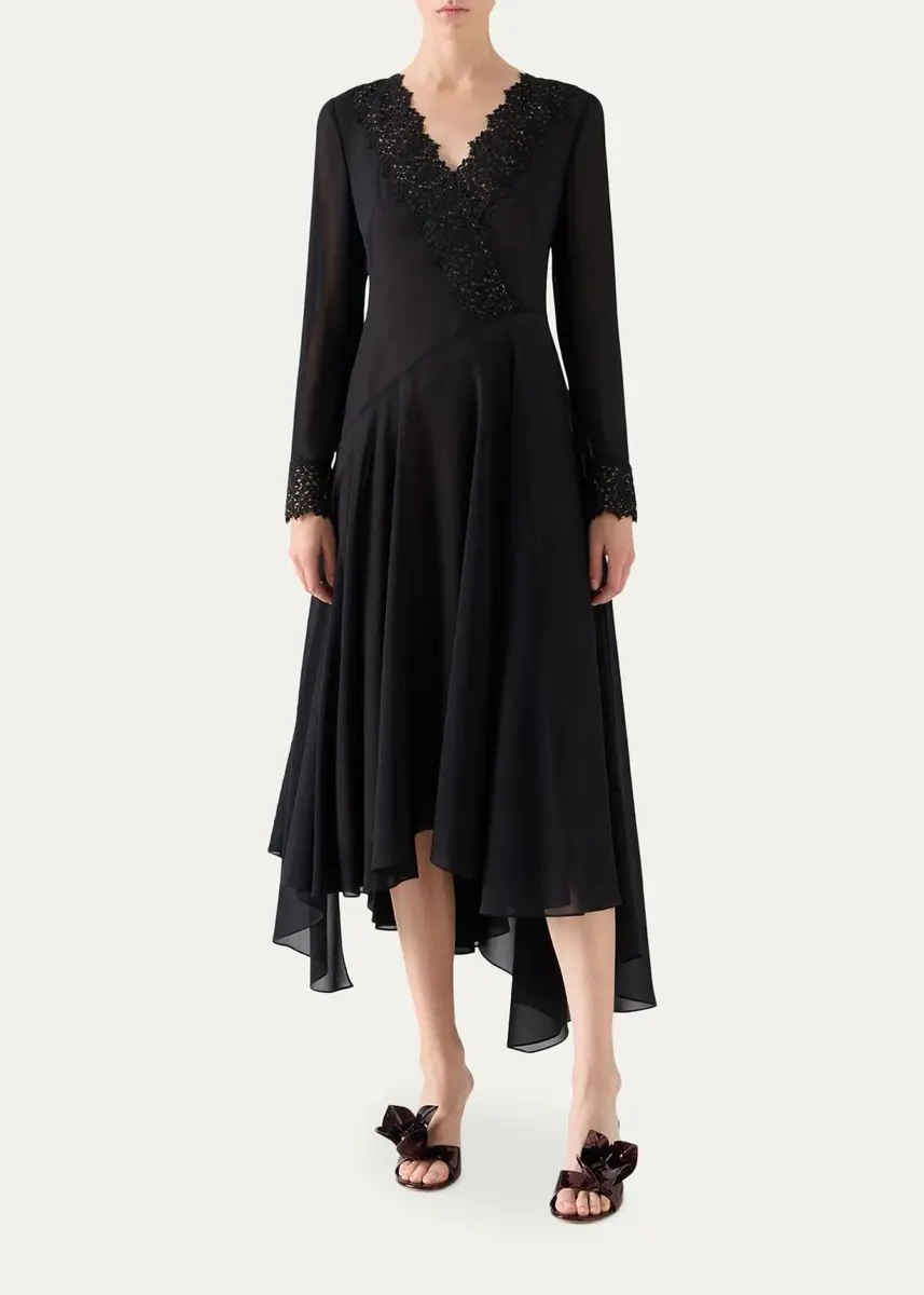 Akris Lace V-Neck Silk Georgette Asymmetric Midi Dress | Thumbnail 2 Akris Lace V-Neck Silk Georgette Asymmetric Midi Dress | Thumbnail 2