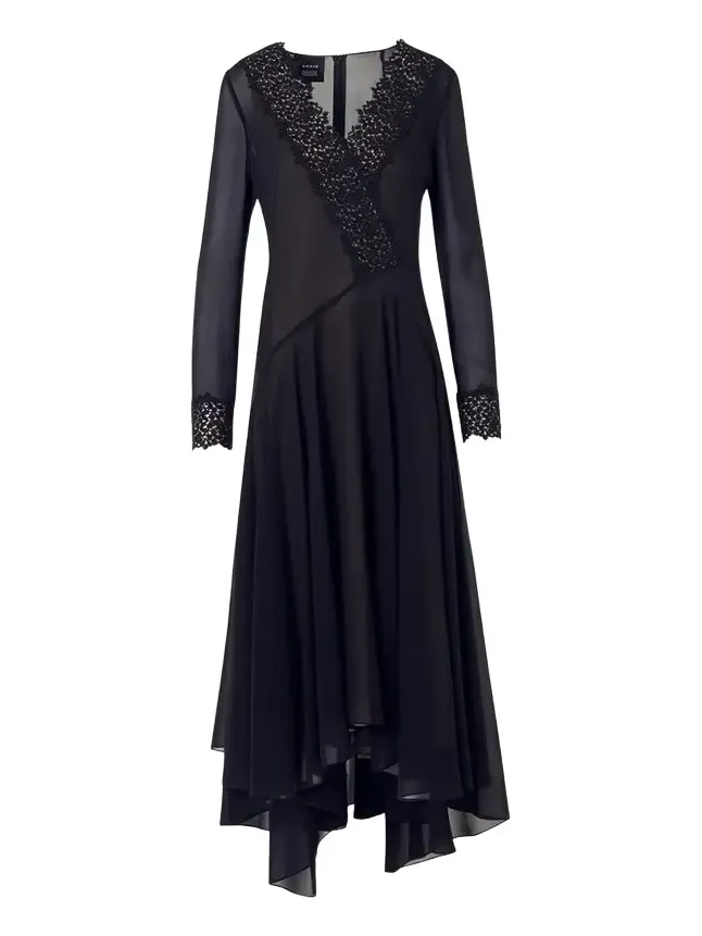 Lace V-Neck Silk Georgette Asymmetric Midi Dress