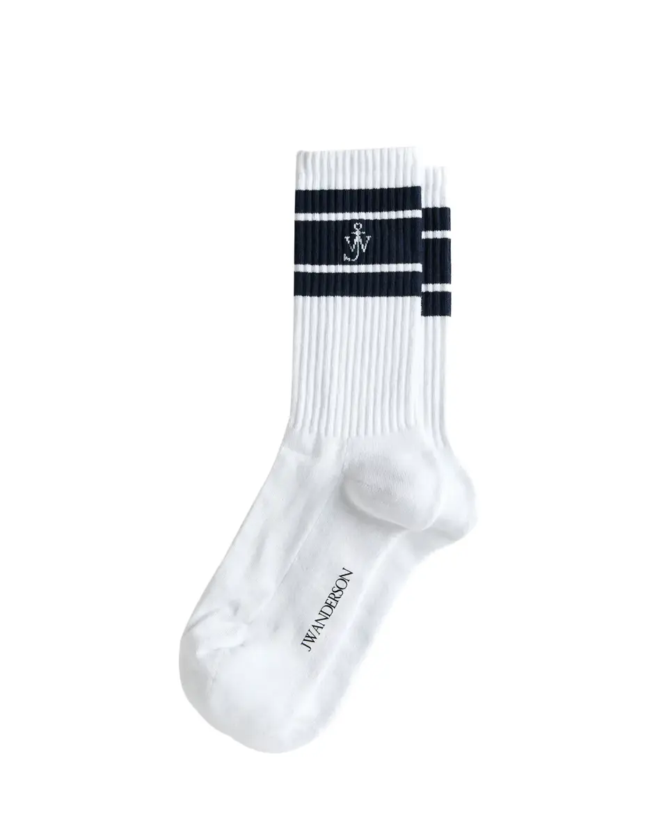 JW Anderson Men's Ribbed Stripe Monogram Mid-Calf Sport Socks | Thumbnail 2 JW Anderson Men's Ribbed Stripe Monogram Mid-Calf Sport Socks | Thumbnail 2