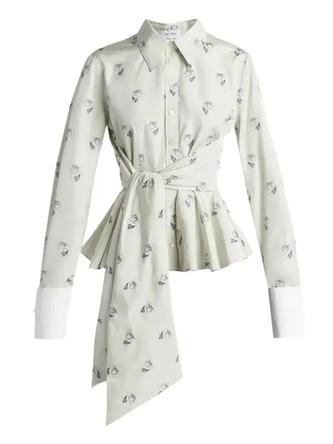 Floral Jacquard Taffeta Wrap Peplum Shirt