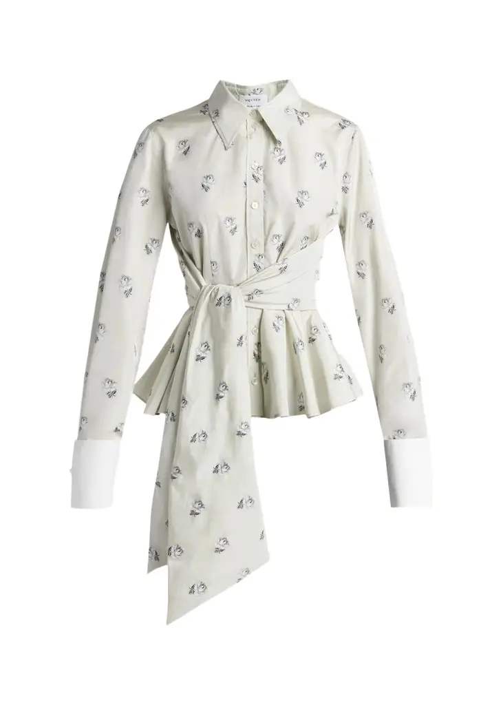 Alexander McQueen Floral Jacquard Taffeta Wrap Peplum Shirt