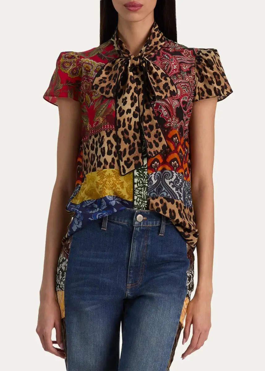 Alice + Olivia Jeannie Printed Silk Pussy-Bow Shirt | Thumbnail 4