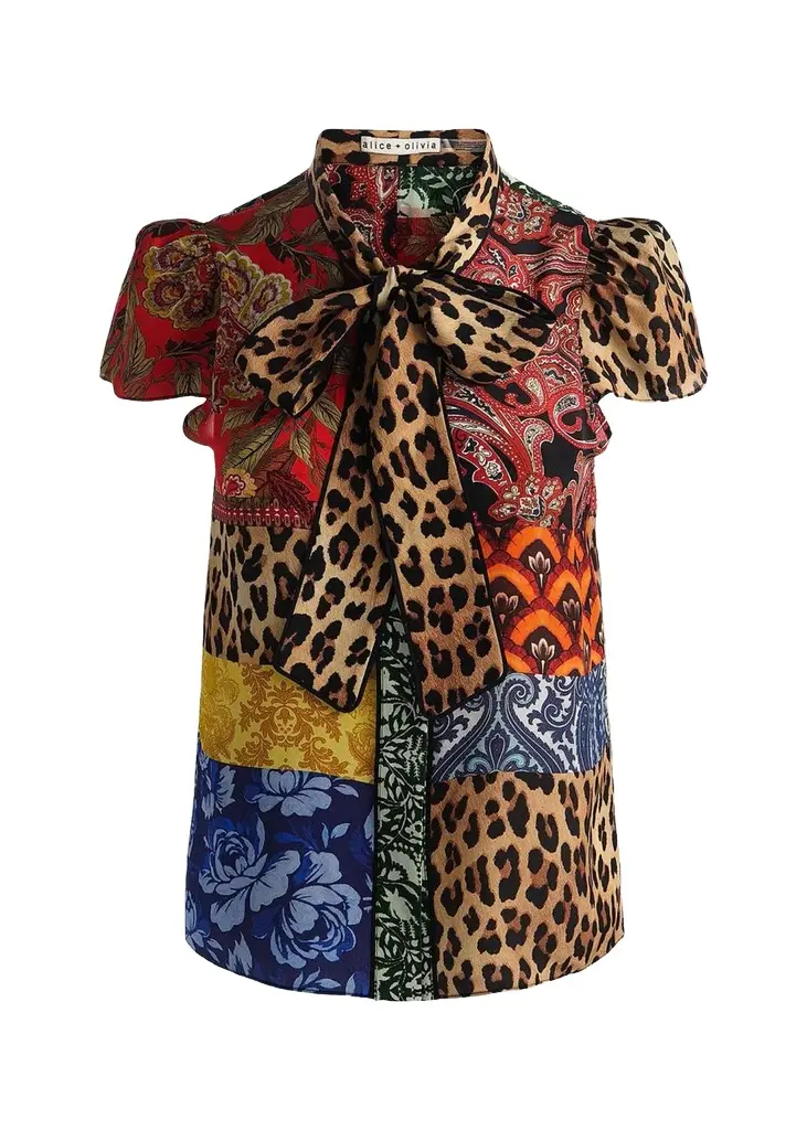 Alice + Olivia Jeannie Printed Silk Pussy-Bow Shirt