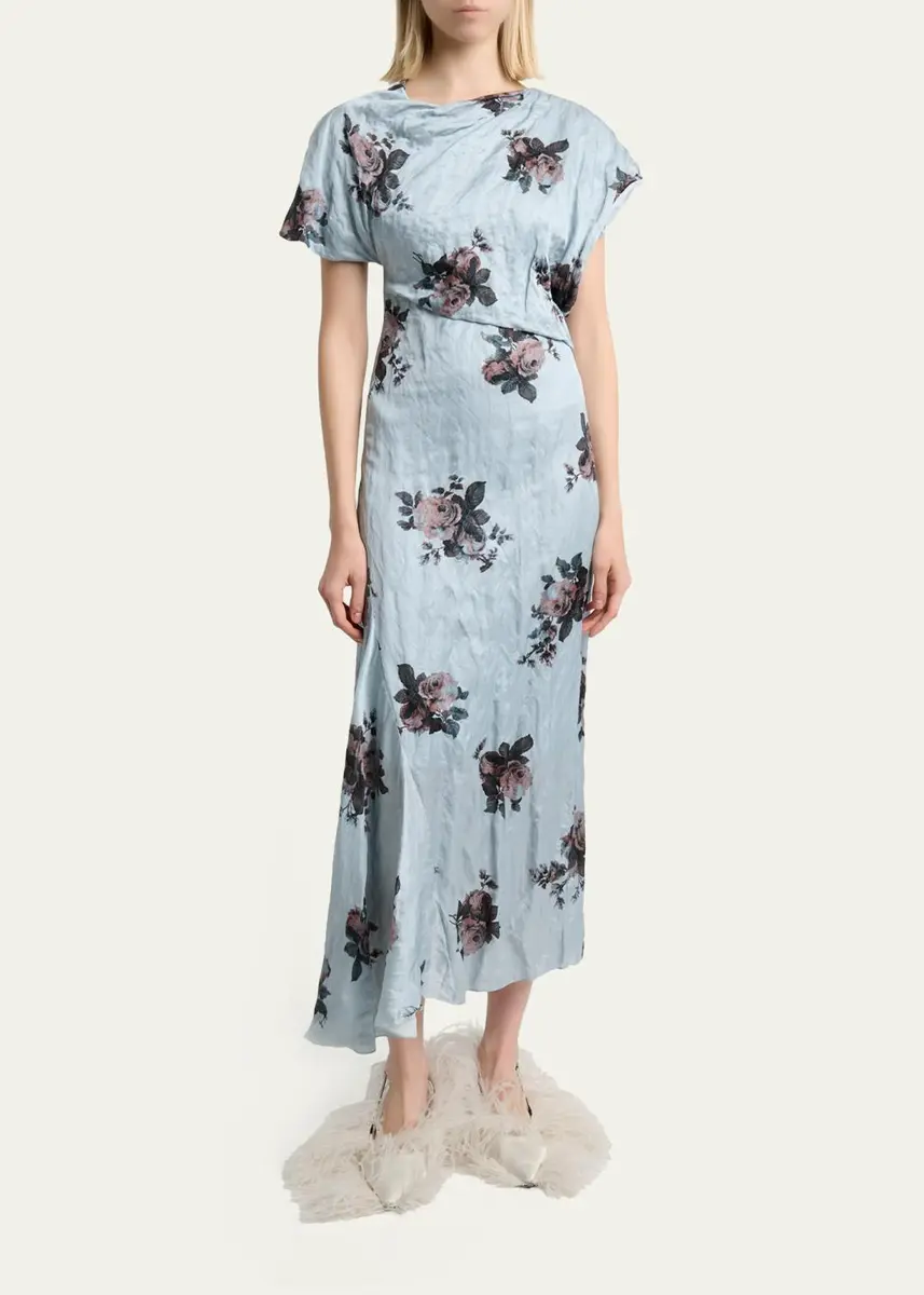 Erdem Floral Crushed Satin Short-Sleeve Asymmetric Midi Dress | Thumbnail 2