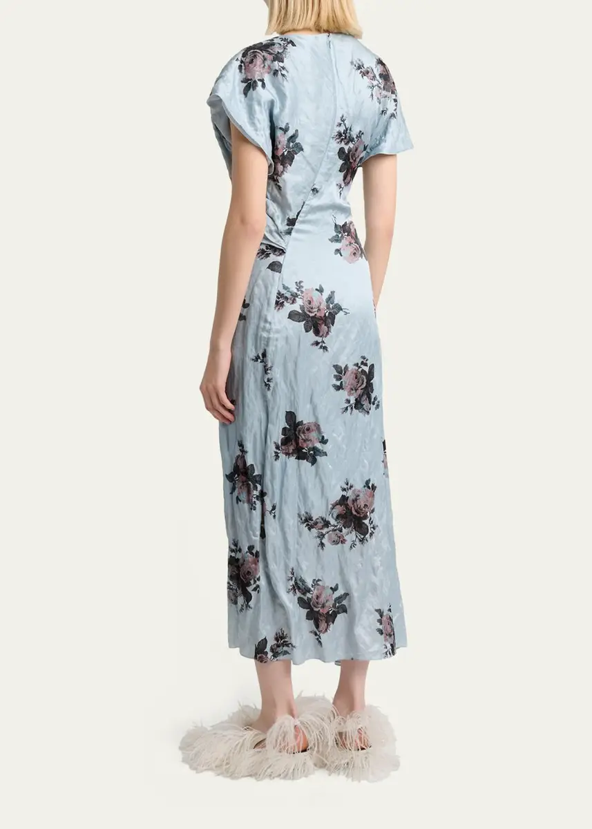 Erdem Floral Crushed Satin Short-Sleeve Asymmetric Midi Dress | Thumbnail 3