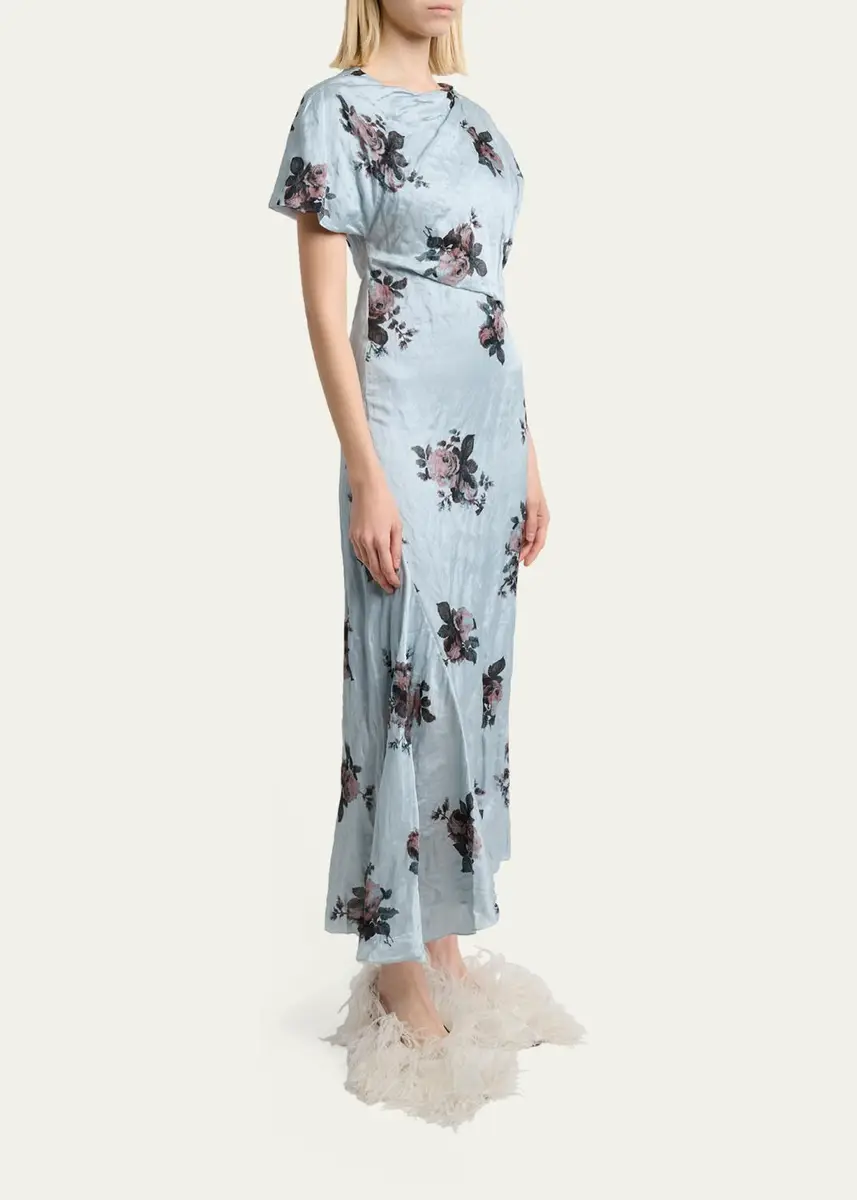 Erdem Floral Crushed Satin Short-Sleeve Asymmetric Midi Dress | Thumbnail 4
