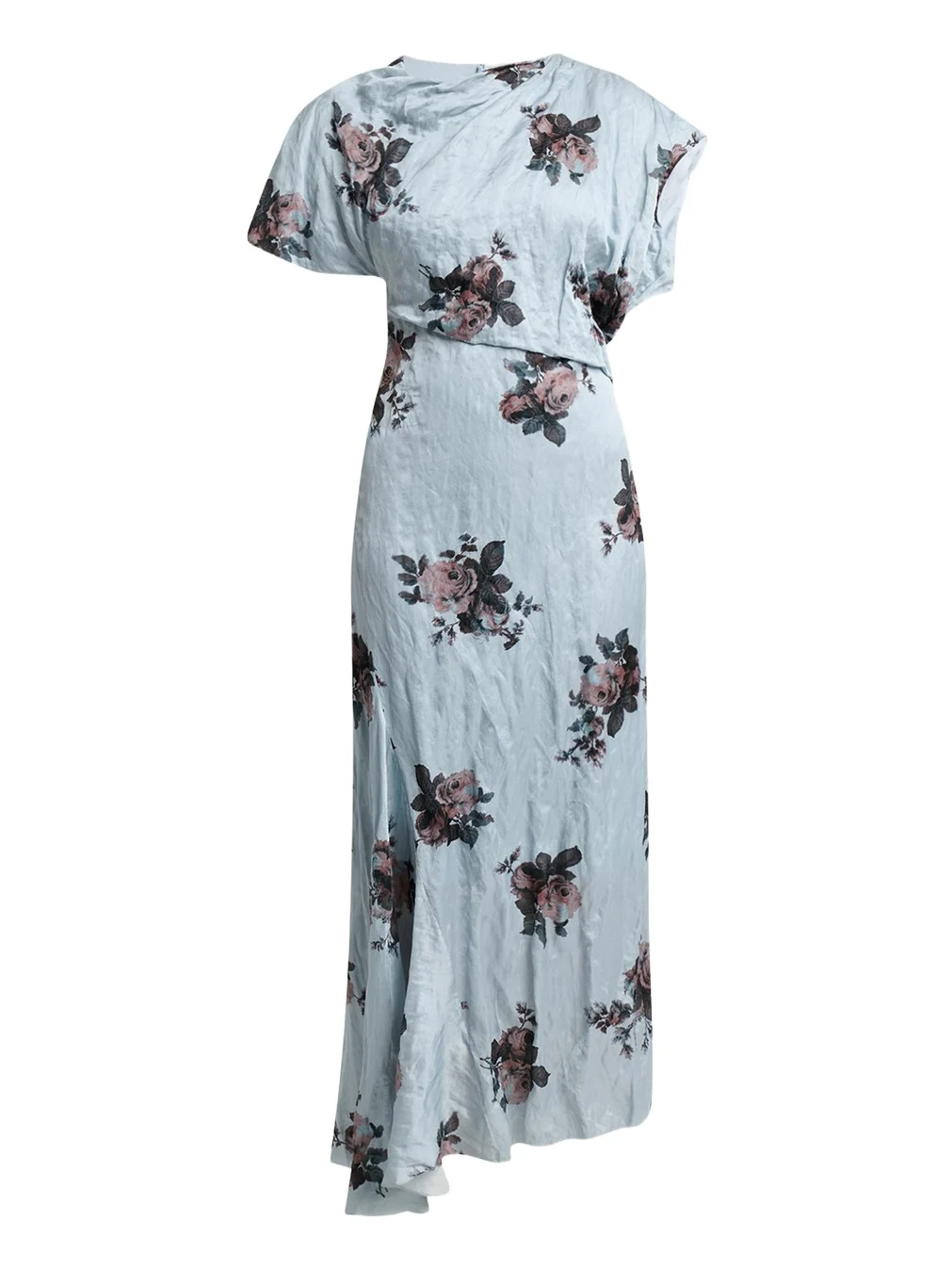 Floral Crushed Satin Short-Sleeve Asymmetric Midi Dress