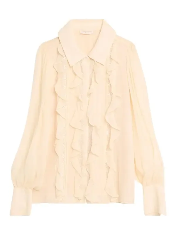 Claire Ruffle Blouson-Sleeve Silk Blouse