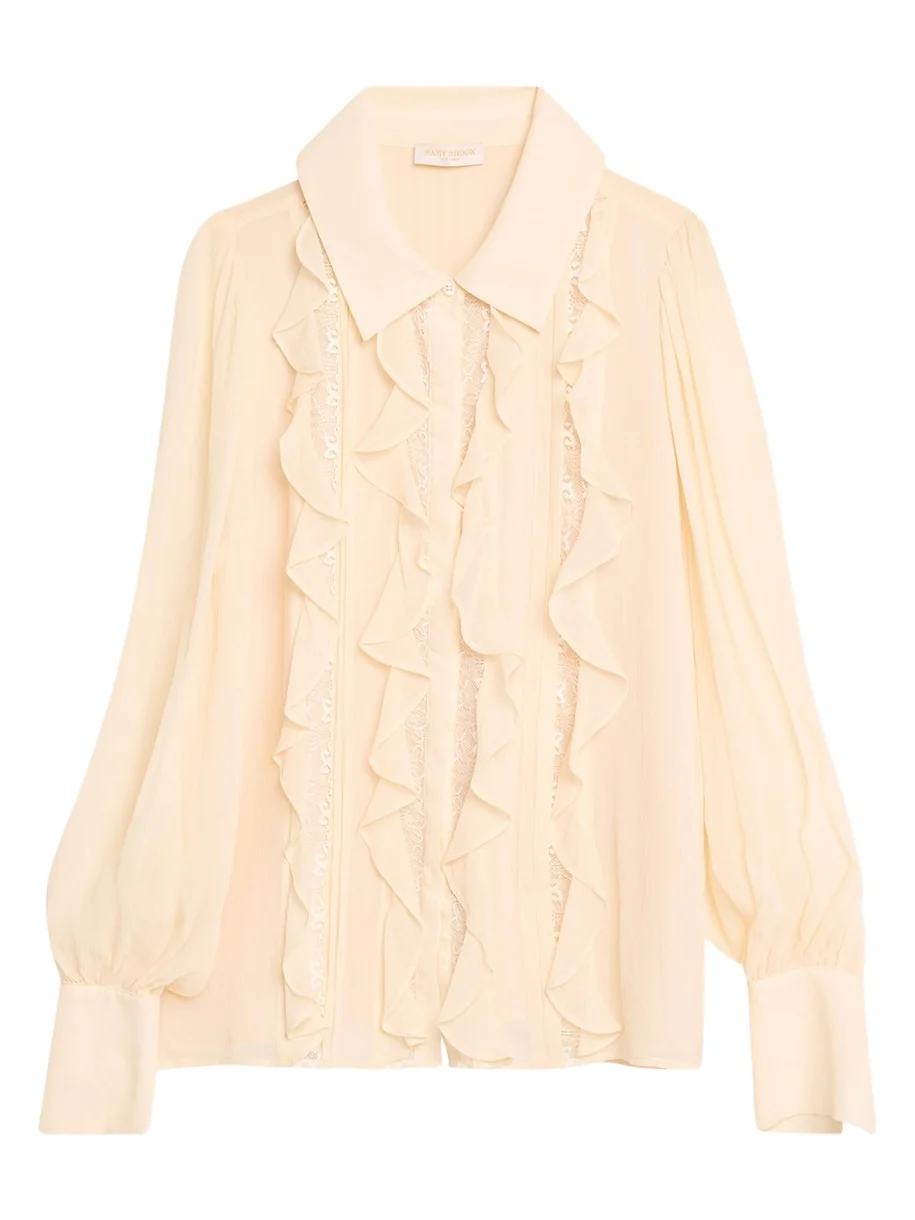 Claire Ruffle Blouson-Sleeve Silk Blouse