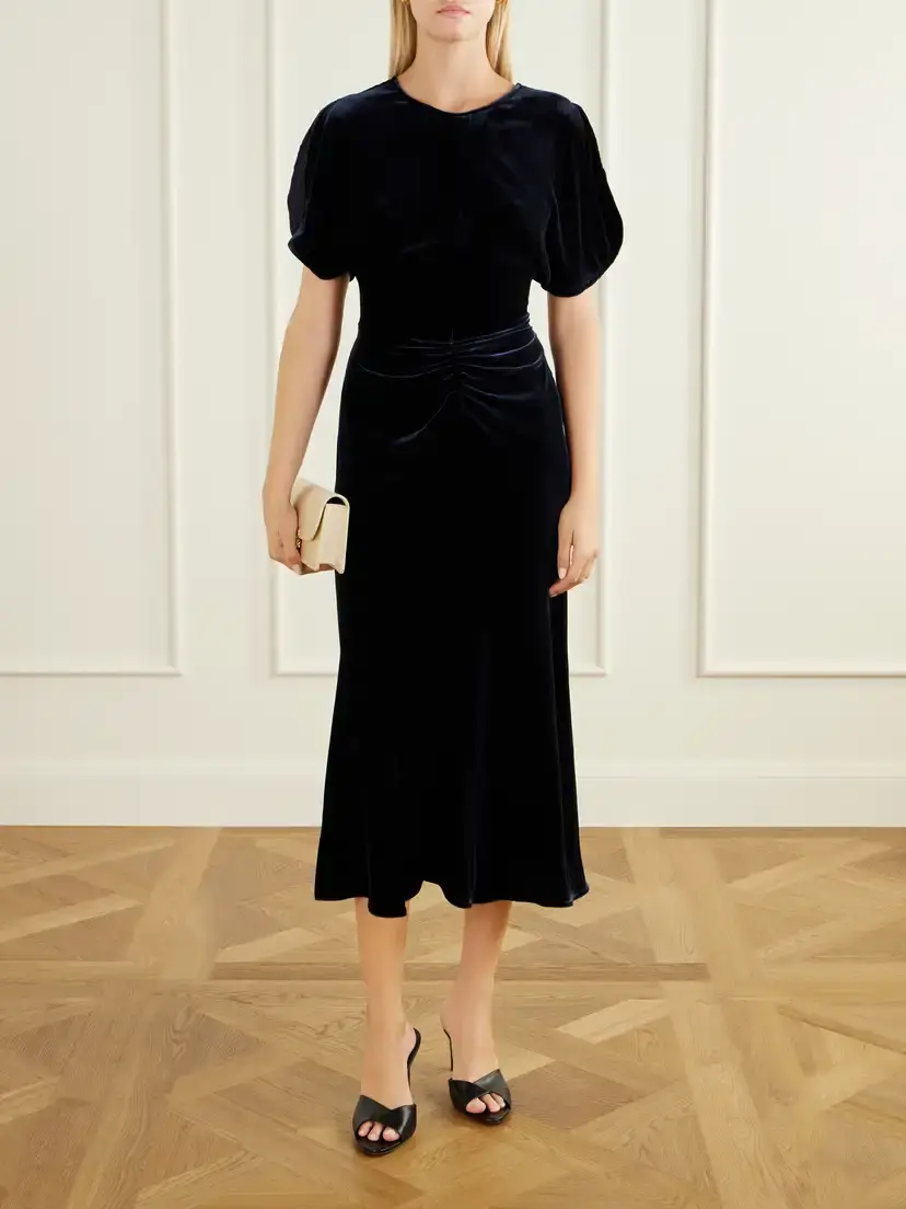 Victoria Beckham Bela Gathered Velvet Midi Dress | Thumbnail 2 Victoria Beckham Bela Gathered Velvet Midi Dress | Thumbnail 2