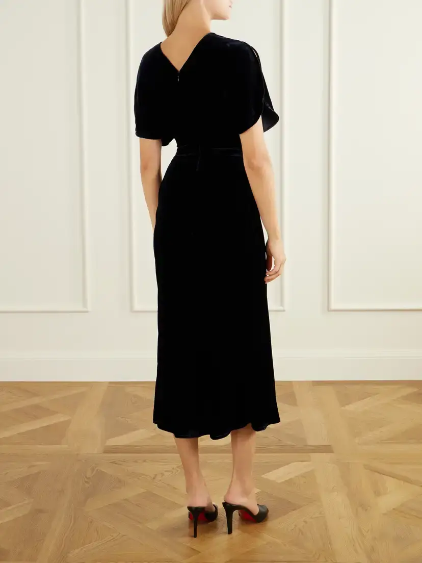 Victoria Beckham Bela Gathered Velvet Midi Dress | Thumbnail 3 Victoria Beckham Bela Gathered Velvet Midi Dress | Thumbnail 3