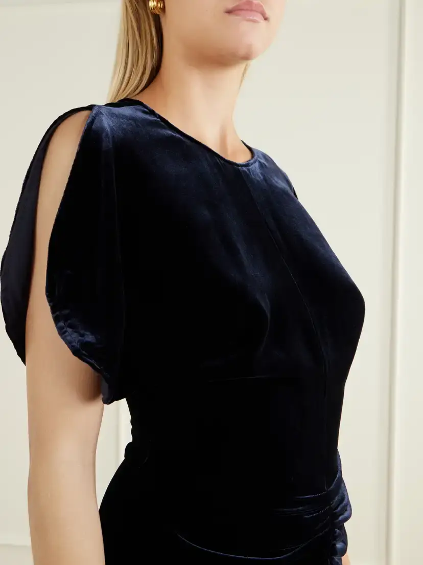 Victoria Beckham Bela Gathered Velvet Midi Dress | Thumbnail 4 Victoria Beckham Bela Gathered Velvet Midi Dress | Thumbnail 4