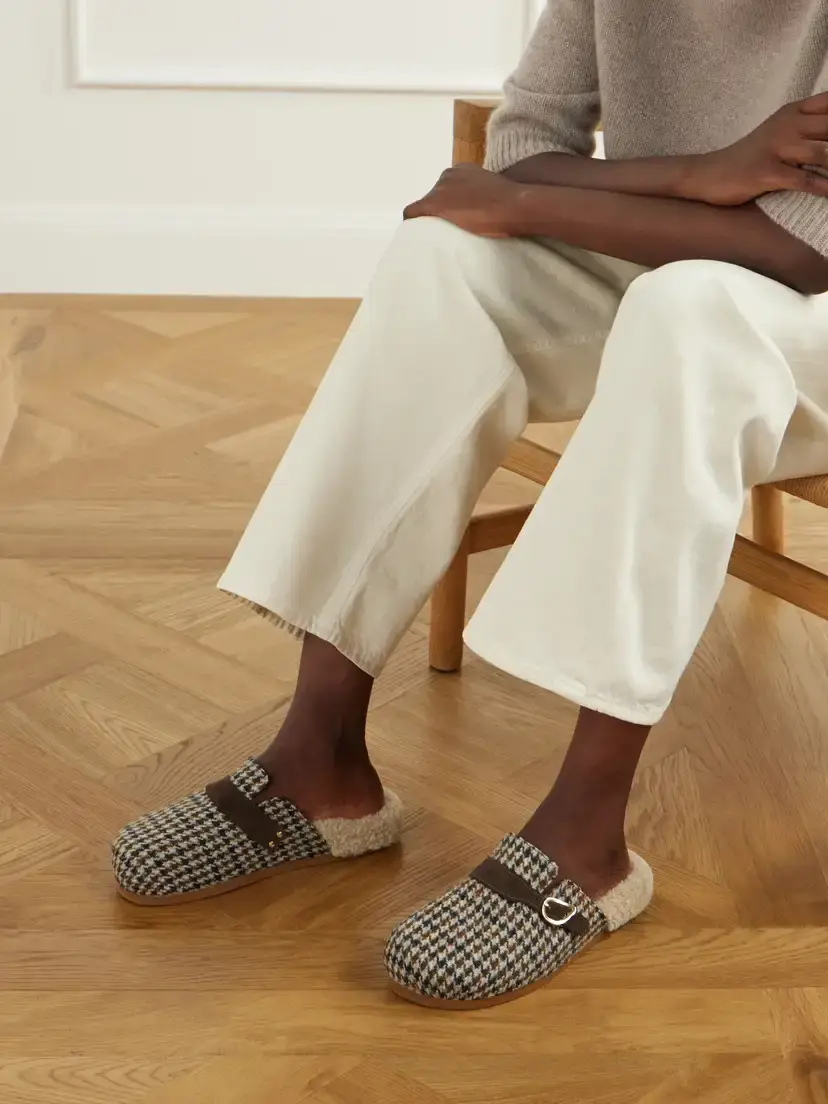 Ancient Greek Sandals Vasilitsa Shearling-trimmed Houndstooth Tweed Slip-ons | Thumbnail 2 Ancient Greek Sandals Vasilitsa Shearling-trimmed Houndstooth Tweed Slip-ons | Thumbnail 2