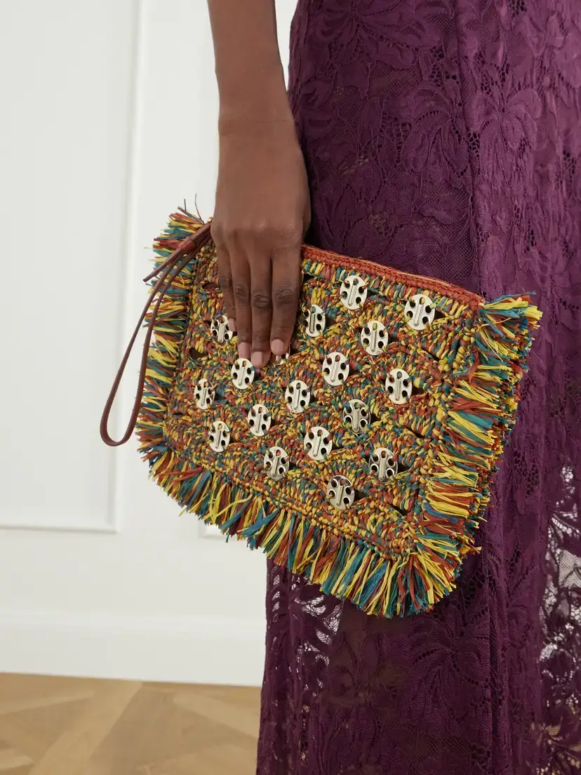Rabanne Leather-trimmed Fringed Woven Raffia Clutch | Thumbnail 2 Rabanne Leather-trimmed Fringed Woven Raffia Clutch | Thumbnail 2