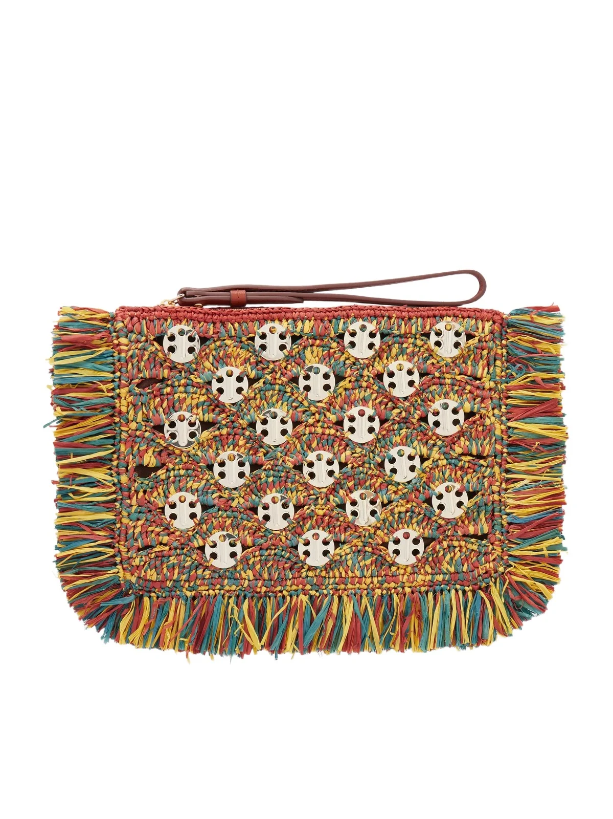 Rabanne Leather-trimmed Fringed Woven Raffia Clutch