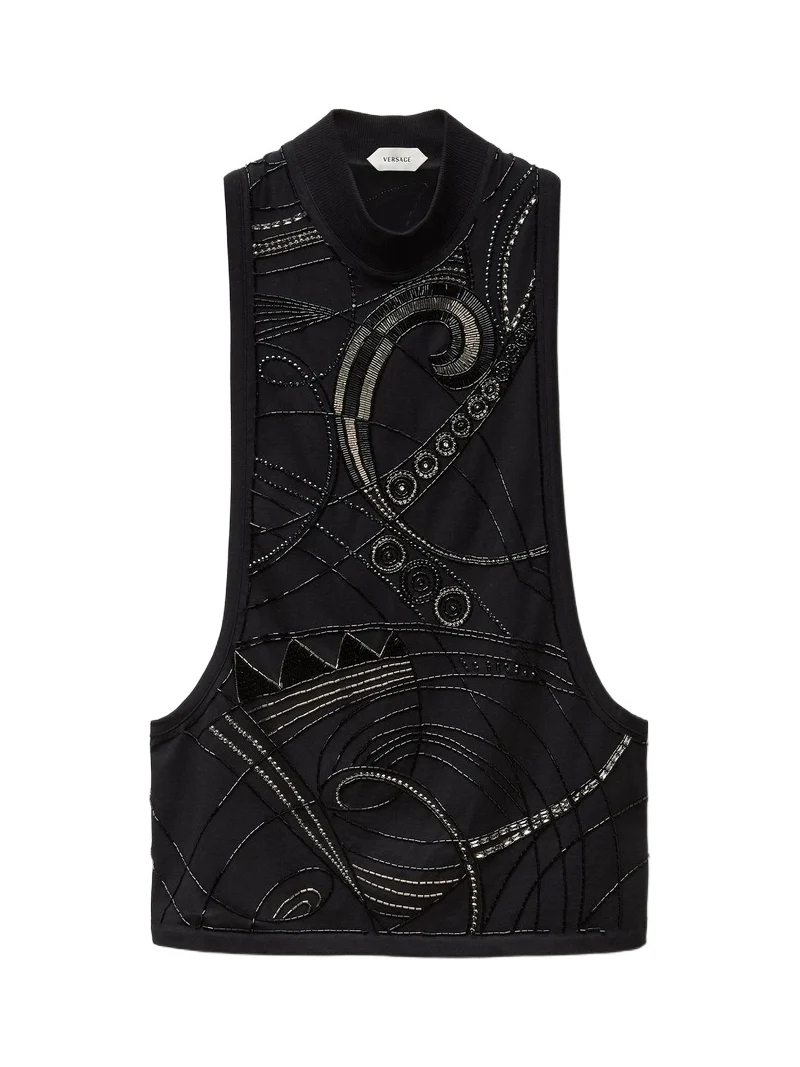 Versace Embroidered Stretch Cotton Jersey Tank Top