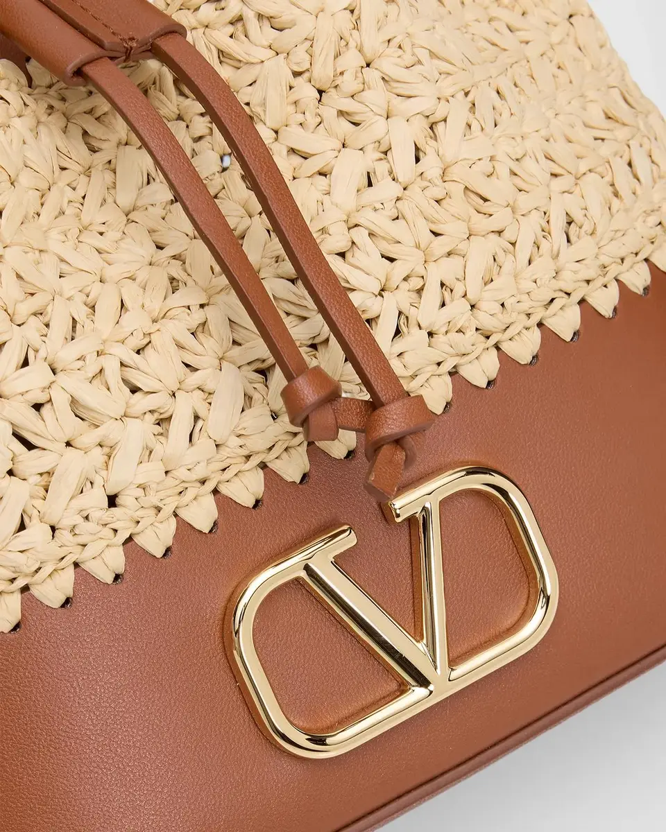 Valentino Garavani Mini Raffia & Leather Bucket Crossbody Bag | Thumbnail 6